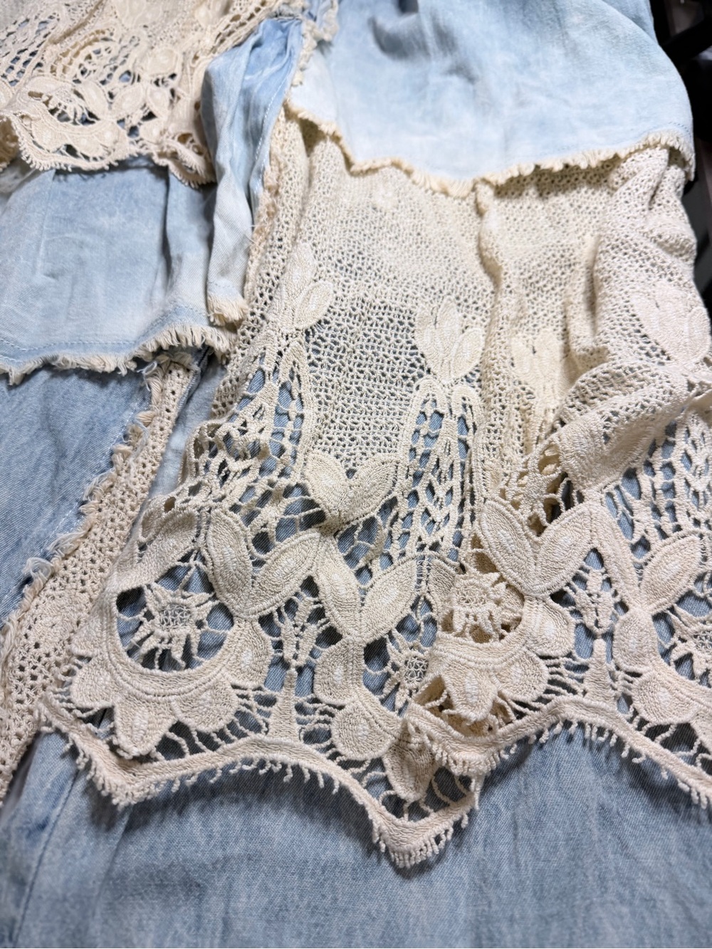 A Rare Bird Light Blue Wide-Leg Denim Pants with Cream Crochet Panels- rare - Picture 3 of 5